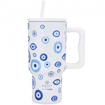 Thermos Tumbler With Straw XL Spirit Of Luck Save The Aegean 900ml White-Blue Estia