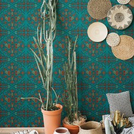 Ταπετσαρία Hindu Bloom Topaz WP20408 Red-Gold-Turquoise MindTheGap TURKUAZ-ORANGE