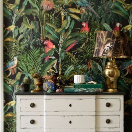 Wallpaper Parrots Of Brasil Anthracite WP20522 Green-Black-Red Mind The Gap BLACK-GREEN