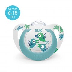 Πιπίλα Ορθοδοντική Σιλικόνης Star 10736781 Παπαγαλάκια 6-18 Μηνών Με Θήκη Green Nuk