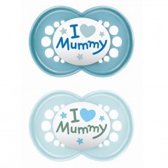 Πιπίλες Ορθοδοντικές Original I love Mummy - Boy 2 265SB2c (Σετ 2τμχ) Σε Κουτί Μεταφοράς Και Αποστέιρωσης Με Θηλή Σιλικόνης Skin Soft 16+ Μηνών Blue Mam