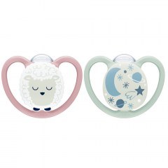 Πιπίλα Ορθοδοντική Σιλικόνης Space Night Με Θήκη 10739658 18-36 Μηνών (Σετ 2τμχ) Pink-Mint Nuk