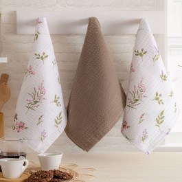 Πετσέτες Κουζίνας Flower Σε Κουτί (Σετ 3τμχ) Beige Ρυθμός BEIGE