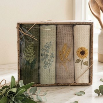 Kitchen Towel Set Leaves Boxed (Set of 4) Multi Rythmos