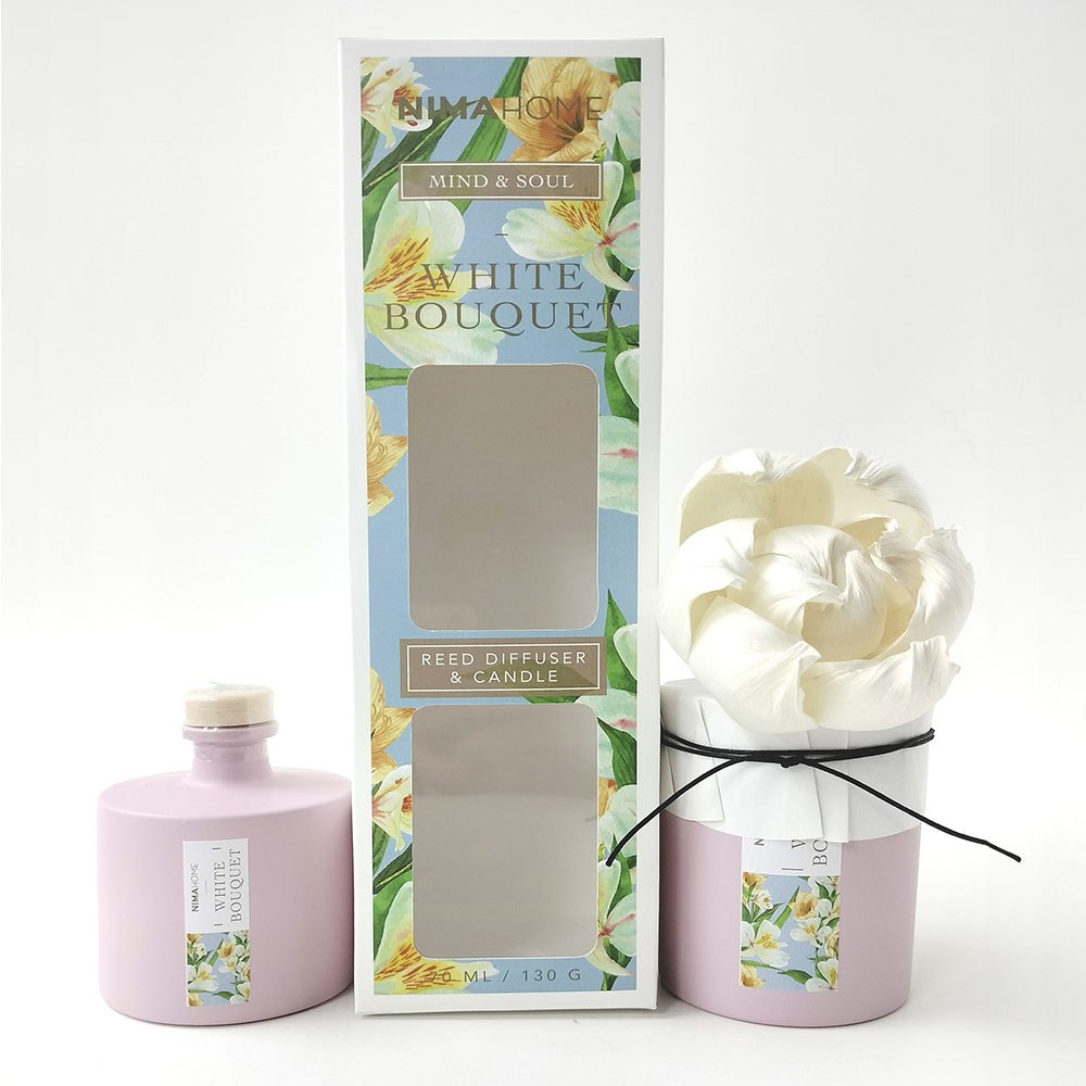 Αρωματικό Χώρου Mε Στικ 70ml & Αρωματικό Κερί 130gr White Bouquet (Σετ 2τμχ) Nima