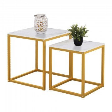 Τραπεζάκια Ζιγκόν Grelay HM8762.11 (Σετ 2Τμχ) 45x45x50cm & 37x37x43cm Gold-White