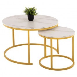 Living Room Table (Set 2Pcs) HM8763.11 D80&D48cm Marble Effect White-Gold WHITE-GOLD