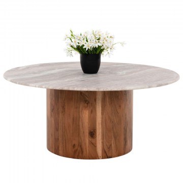 Living Room Table Formel HM9672 D80x36cm From Wood Acacia & Marble Natural-White
