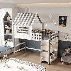 Homi Children’s Bed HM712 Montessori Type With Side Shelves 199.5x102x218cm (For Mattress 90x190cm) White-Grey