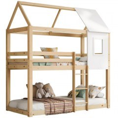 Children's Bunk Bed House Montessori Hood (For Mattresses 90x190cm) HM705.01 197x97x220,5cm Natural-White
