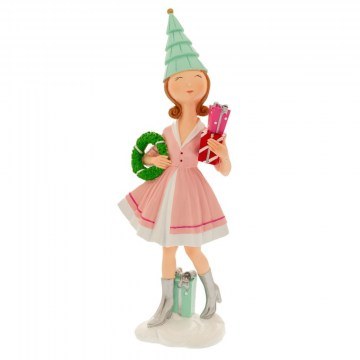 Christmas Decorative Figure Girl Holding Gift & Wreath 86847 14x9x38cm Multi