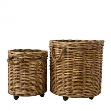 Woven Basket Planters 93077 (Set of 2) with Wheels 60x65cm, 48x53cm Natural