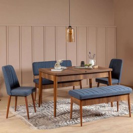 Τραπεζαρία Επεκτεινόμενη Vina (Σετ 5Τμχ) 869VEL5135 130/165x80x75/77cm Walnut-Blue WALNUT-BLUE
