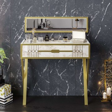 Κονσόλα Με Καθρέπτη Frida 788DEC4054 90x32x80/90x22cm Marble Effect White-Gold