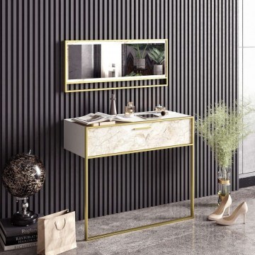 Κονσόλα Με Καθρέπτη Polka Aynali 875ZNA3510 90x38,5x76,8/90x3x37,8cm Marble Effect White-Gold