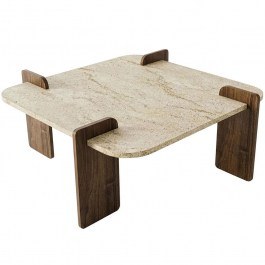 Coffee Table Afrolli 116SAM1501 90x90x35cm Travertine Beige-Walnut BEIGE-WALNUT
