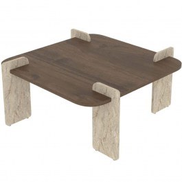 Coffee Table Afrolli 116SAM1502 90x90x35cm Walnut-Travertine Beige WALNUT-BEIGE