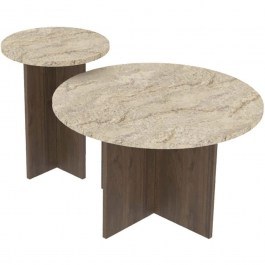 Coffee Tables Private (Set 2Pcs) 116SAM1509 70x70x40/40x40x47cm Travertine Beige-Walnut BEIGE-WALNUT