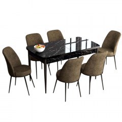 Τραπεζαρία Επεκτεινόμενη Han (Σετ 7Τμχ) 240CHR2483 114/144x70x78cm Marble Effect Black-Brown