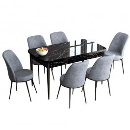 Τραπεζαρία Επεκτεινόμενη Han (Σετ 7Τμχ) 240CHR2481 114/144x70x78cm Marble Effect Black-Grey BLACK-GREY