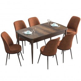 Τραπεζαρία Επεκτεινόμενη Han (Σετ 7Τμχ) 240CHR2503 114/144x70x78cm Walnut-Tile Red WALNUT-RED