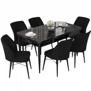 Extendable Dining Nef (Set 7Pcs) 240CHR2524 114/144x70x78cm Marble Effect Black
