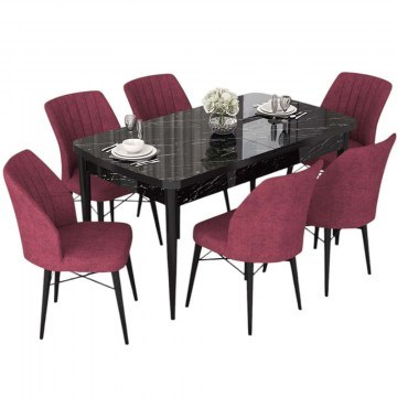 Extendable Dining Nef (Set 7Pcs) 240CHR2527 114/144x70x78cm Marble Effect Black-Burgundy