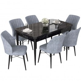 Τραπεζαρία Επεκτεινόμενη Nef (Σετ 7Τμχ) 240CHR2526 114/144x70x78cm Marble Effect Black-Grey BLACK-GREY