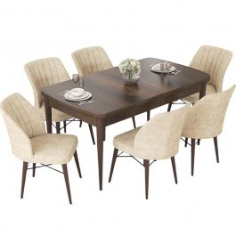 Τραπεζαρία Επεκτεινόμενη Nef (Σετ 7Τμχ) 240CHR2552 114/144x70x78cm Walnut-Cream WALNUT-CREAM