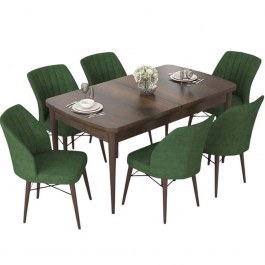 Τραπεζαρία Επεκτεινόμενη Nef (Σετ 7Τμχ) 240CHR2544 114/144x70x78cm Walnut-Khaki Green WALNUT-GREEN