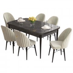 Τραπεζαρία Επεκτεινόμενη Roz (Σετ 7Τμχ) 240CHR2567 132/170x80x78cm Marble Effect Black-Cream
