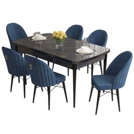 Τραπεζαρία Επεκτεινόμενη Roz (Σετ 7Τμχ) 240CHR2568 132/170x80x78cm Marble Effect Black-Navy Blue NAVY-BLACK