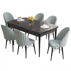 Τραπεζαρία Επεκτεινόμενη Roz (Σετ 7Τμχ) 240CHR2570 132/170x80x78cm Marble Effect Black-Sea Green