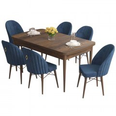 Τραπεζαρία Επεκτεινόμενη Roz (Σετ 7Τμχ) 240CHR2578 132/170x80x78cm Walnut-Navy Blue