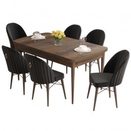 Τραπεζαρία Επεκτεινόμενη Roz (Σετ 7Τμχ) 240CHR2573 132/170x80x78cm Walnut-Black WALNUT-BLACK
