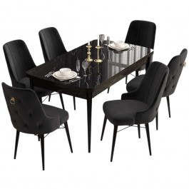Τραπεζαρία Επεκτεινόμενη Are (Σετ 7Τμχ) 240CHR2398 132/170x80x78cm Marble Effect Black BLACK