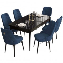 Τραπεζαρία Επεκτεινόμενη Are (Σετ 7Τμχ) 240CHR2403 132/170x80x78cm Marble Effect Black-Navy Blue NAVY-BLACK