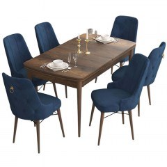Τραπεζαρία Επεκτεινόμενη Are (Σετ 7Τμχ) 240CHR2413 132/170x80x78cm Walnut-Navy Blue