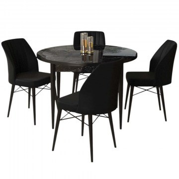 Τραπεζαρία Rox (Σετ 5Τμχ) 240CHR2259 Φ90x75cm Marble Effect Black
