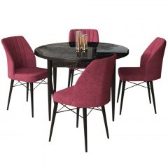 Τραπεζαρία Rox (Σετ 5Τμχ) 240CHR2262 Φ90x75cm Marble Effect Black-Burgundy