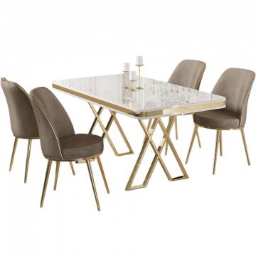 Τραπεζαρία Vals (Σετ 5Τμχ) 240CHR2336 130x80x74cm Marble Effect White-Cappuccino