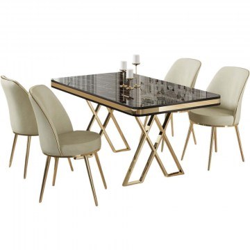 Τραπεζαρία Vals (Σετ 5Τμχ) 240CHR2345 130x80x74cm Marble Effect Black-Cream