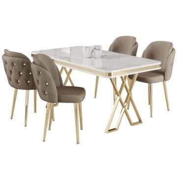 Dining Rigel (Set 5Pcs) 240CHR2226 130x80x74cm Marble Effect White-Cappuccino