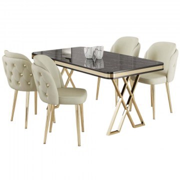 Τραπεζαρία Rigel (Σετ 5Τμχ) 240CHR2235 130x80x74cm Marble Effect Black-Cream