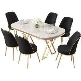 Τραπεζαρία Lai (Σετ 7Τμχ) 240CHR2359 168x90x76cm Marble Effect White-Black WHITE-BLACK