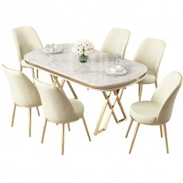 Τραπεζαρία Lai (Σετ 7Τμχ) 240CHR2360 168x90x76cm Marble Effect White-Cream WHITE-CREAM