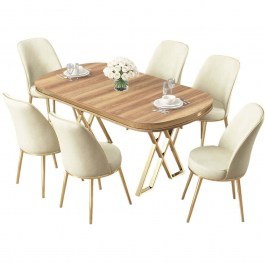 Τραπεζαρία Lai (Σετ 7Τμχ) 240CHR2385 168x90x76cm Light Walnut-Cream WALNUT-CREAM