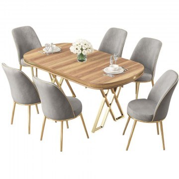 Τραπεζαρία Lai (Σετ 7Τμχ) 240CHR2387 168x90x76cm Light Walnut-Grey