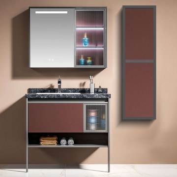 Bathroom Furniture Bench With Washbasin & Mirror Led Eriete 9SERI100RUAN 100x50/90x70cm Anthracite-Bordo