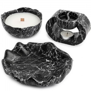 Candle In Container With Perfumer & Tray (Set 3Pcs) 666HAC8115 9x12/15x4/13x6cm Marble Effect Black Aberto Design